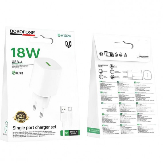 МЗП Borofone BA102A Pudding QC3.0 (1USB-A) + кабель USB to Type-C White МЗП Borofone BA102A Pudding QC3.0 (1USB-A) + кабель USB to Type-C White