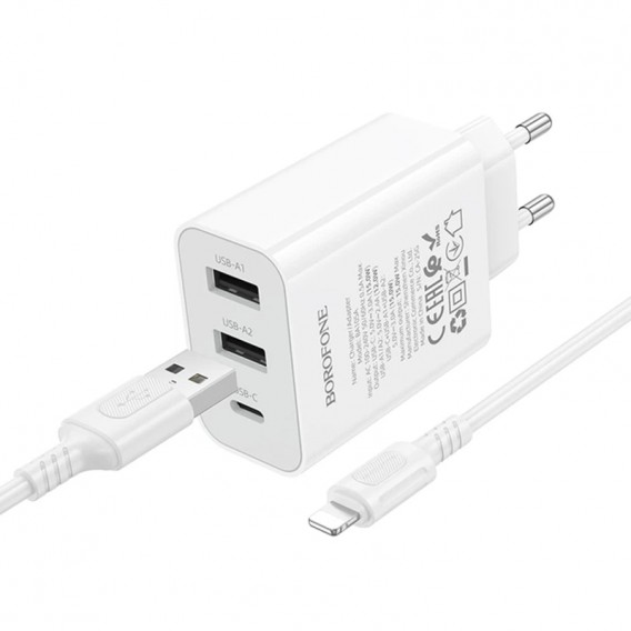 МЗП Borofone BA105A Stellar 15W (2USB-A/1C) + кабель USB to Lightning White МЗП Borofone BA105A Stellar 15W (2USB-A/1C) + кабель USB to Lightning White