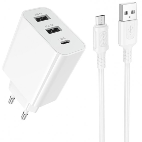МЗП Borofone BA105A Stellar 15W (2USB-A/1C) + кабель USB to MicroUSB White