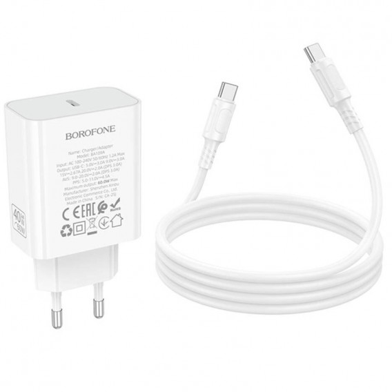 МЗП Borofone BA109A Star PD40W (1USB-C) + кабель Type-C to Type-C White МЗП Borofone BA109A Star PD40W (1USB-C) + кабель Type-C to Type-C White