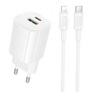 СЗУ Borofone BA104A Pudding PD20W+QC3.0 (1USB-A/1C) + кабель Type-C to Lightning White