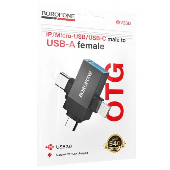 Перехідник Borofone BV26D 3in1 Lightning male/Type-C male/Micro male to USB2.0 female Black Перехідник Borofone BV26D 3in1 Lightning male/Type-C male/Micro male to USB2.0 female Black