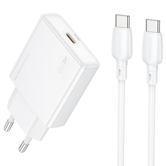 МЗП Borofone BN23 Wish PD20W (1USB-C) + кабель Type-C to Type-C White