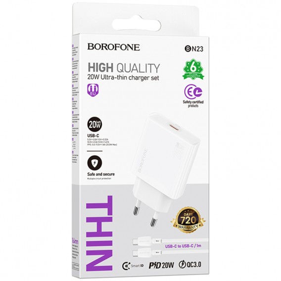 МЗП Borofone BN23 Wish PD20W (1USB-C) + кабель Type-C to Type-C White МЗП Borofone BN23 Wish PD20W (1USB-C) + кабель Type-C to Type-C White