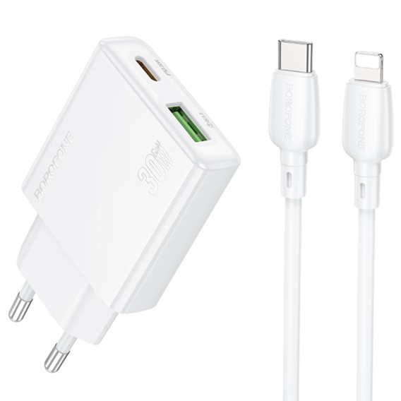 МЗП Borofone BN25 Wish PD30W+QC3.0 (1USB-A/1C) + кабель Type-C to Lightning White