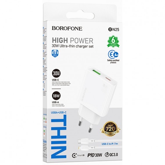 МЗП Borofone BN25 Wish PD30W+QC3.0 (1USB-A/1C) + кабель Type-C to Lightning White