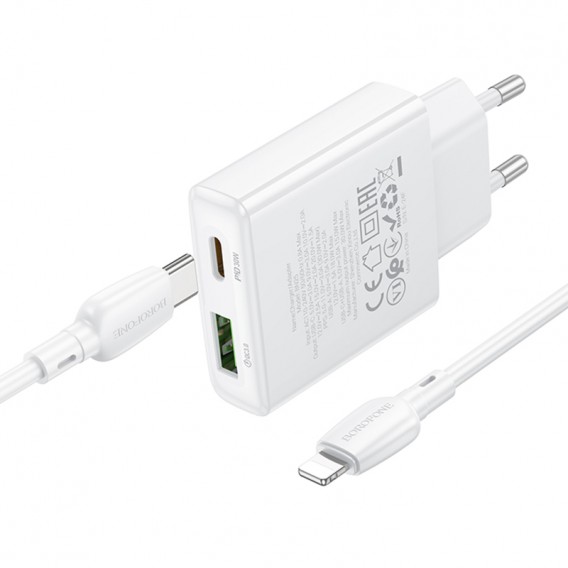 МЗП Borofone BN25 Wish PD30W+QC3.0 (1USB-A/1C) + кабель Type-C to Lightning White
