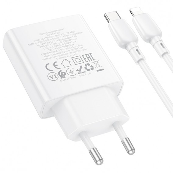 МЗП Borofone BN25 Wish PD30W+QC3.0 (1USB-A/1C) + кабель Type-C to Lightning White