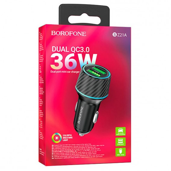 АЗП Borofone BZ21A Brilliant QC3 total 36W (2USB-A) Black АЗП Borofone BZ21A Brilliant QC3 total 36W (2USB-A) Black