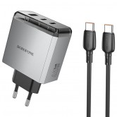 Мережевий зарядний пристрій Borofone BN22 Lena 65 Вт, 2 × USB-C + USB-A, з кабелем USB-C - USB-C, сірий металік Мережевий зарядний пристрій Borofone BN22 Lena 65 Вт, 2 × USB-C + USB-A, з кабелем USB-C - USB-C, сірий металік