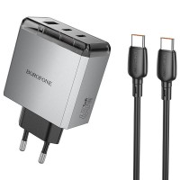 Сетевое зарядное устройство Borofone BN22 Lena 65 Вт, 2 × USB-C + USB-A, с кабелем USB-C - USB-C, серый металлик Сетевое зарядное устройство Borofone BN22 Lena 65 Вт, 2 × USB-C + USB-A, с кабелем USB-C - USB-C, серый металлик