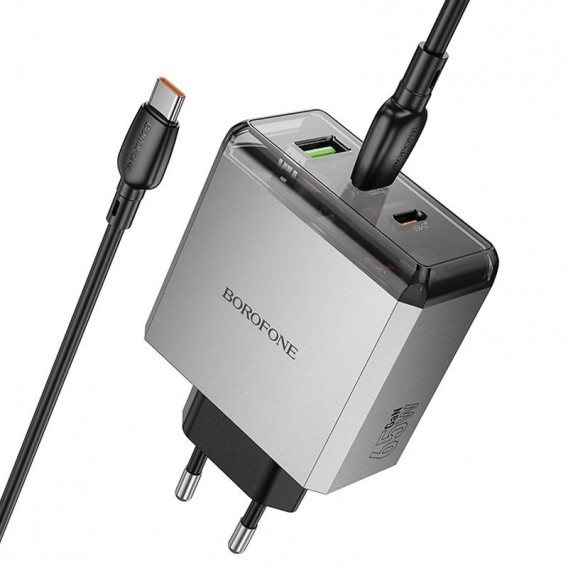 МЗП Borofone BN22 Lena PD65W (1USB-A/2C) + кабель Type-C to Type-C Metal gray