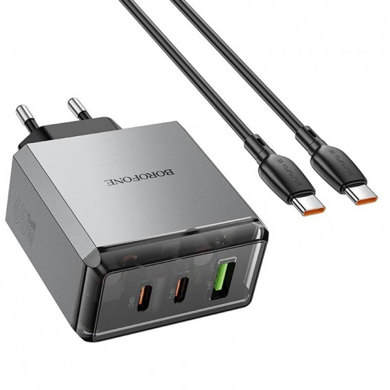 МЗП Borofone BN22 Lena PD65W (1USB-A/2C) + кабель Type-C to Type-C Metal gray