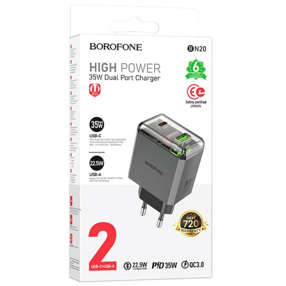 МЗП Borofone BN20 Lena PD35W+QC3.0 (1USB-A/1C) Metal gray