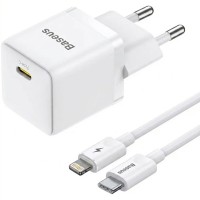 Мережевий зарядний пристрій Baseus Palm Fast Charger 20 Вт, 1 × USB-C, кабель Type-C - Lightning, Білий / Moon White