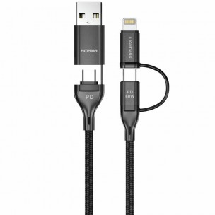 Кабель зарядки Amaya ACD-X28 4-в-1 USB-A / USB-C - USB-C / Lightning, PD до 60 Вт, 1 м, чорний Кабель зарядки Amaya ACD-X28 4-в-1 USB-A / USB-C - USB-C / Lightning, PD до 60 Вт, 1 м, чорний