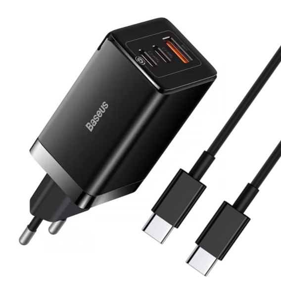 МЗП Baseus GaN5 Pro PD65W+QC3.0 (1USB-A/2C) + кабель Type-C to Type-C (CCGP12020) Black