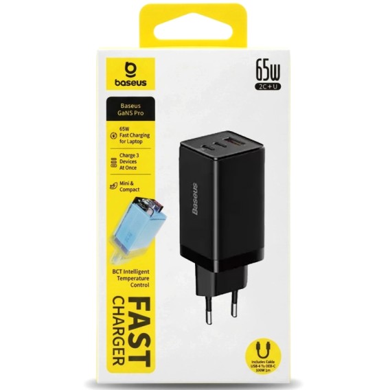 МЗП Baseus GaN5 Pro PD65W+QC3.0 (1USB-A/2C) + кабель Type-C to Type-C (CCGP12020) Black МЗП Baseus GaN5 Pro PD65W+QC3.0 (1USB-A/2C) + кабель Type-C to Type-C (CCGP12020) Black