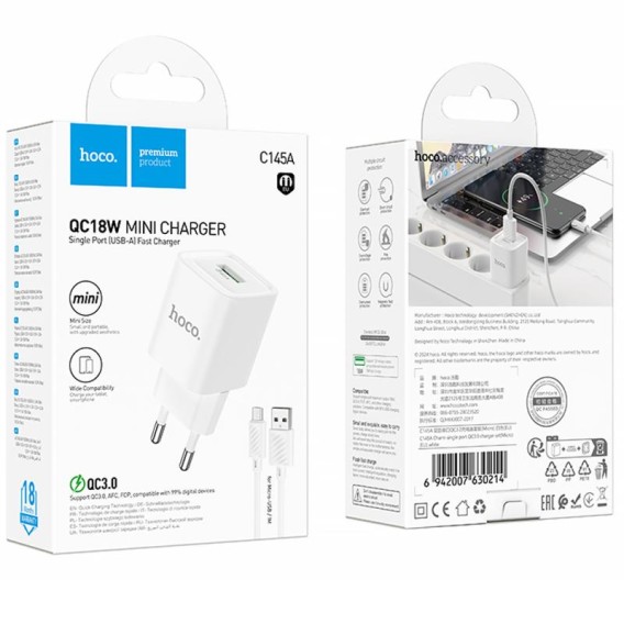 МЗП Hoco C145A Charm QC3.0 18W (1USB-A) + кабель USB to MicroUSB White МЗП Hoco C145A Charm QC3.0 18W (1USB-A) + кабель USB to MicroUSB White