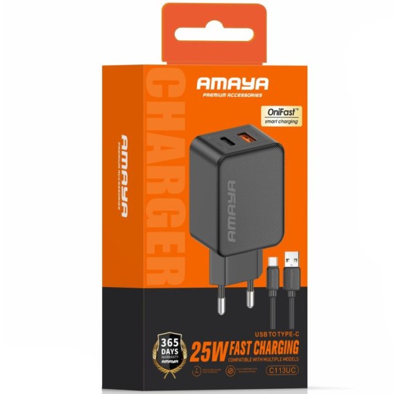 МЗП Amaya E113UC PD25W+QC3.0 (1USB-A/1C) + кабель USB to Type-C Black МЗП Amaya E113UC PD25W+QC3.0 (1USB-A/1C) + кабель USB to Type-C Black