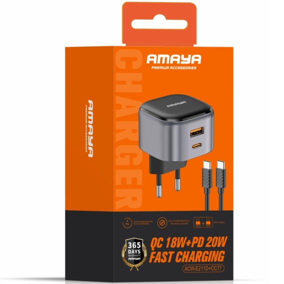 МЗП Amaya E211D PD20W+QC3.0 (1USB-A/1C) + кабель Type-C to Type-C Black МЗП Amaya E211D PD20W+QC3.0 (1USB-A/1C) + кабель Type-C to Type-C Black