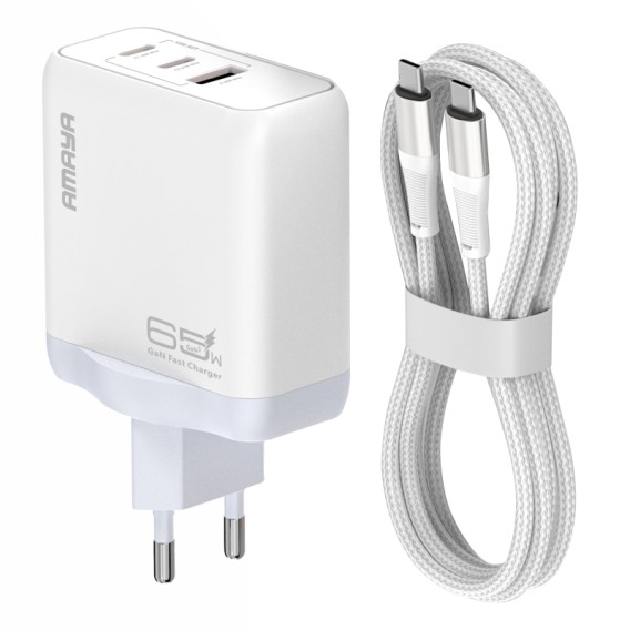 МЗП Amaya E780T PD45W+QC3.0 GaN (1USB-A/2C) + кабель Type-C to Type-C White