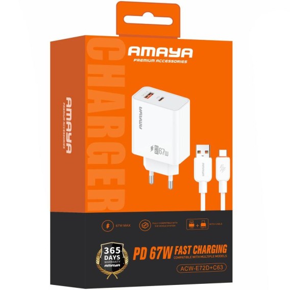 МЗП Amaya E72D PD67W+QC3.0 (1USB-A/1C) + кабель USB to Type-C White МЗП Amaya E72D PD67W+QC3.0 (1USB-A/1C) + кабель USB to Type-C White