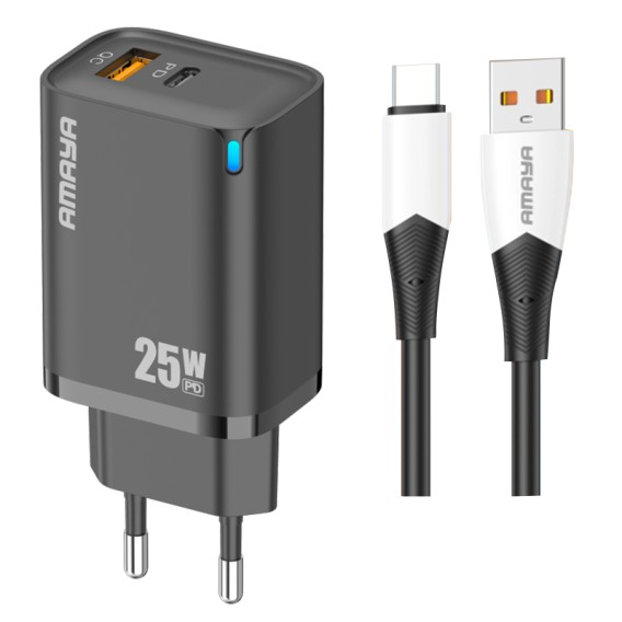 МЗП Amaya E215D PD25W+QC3.0 (1USB-A/1C) + кабель USB to Type-C Black