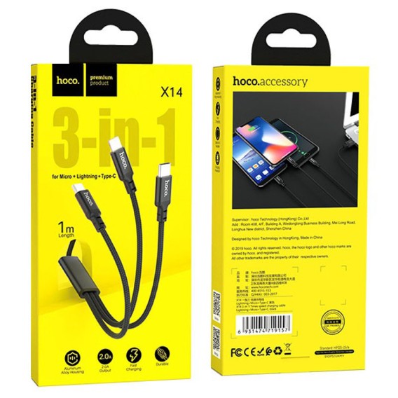 Дата кабель Hoco X14 Times Speed 3in1 (Lightning+Micro USB+Type-C) (1m) Чорний Дата кабель Hoco X14 Times Speed 3in1 (Lightning+Micro USB+Type-C) (1m) Чорний