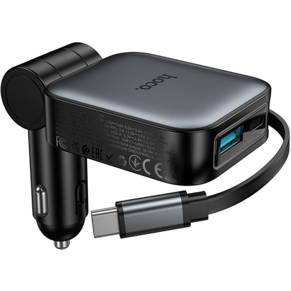 АЗП Hoco Z67 Triunfar PD60W with retractable cable (1USB-A/2C) Metal gray АЗП Hoco Z67 Triunfar PD60W with retractable cable (1USB-A/2C) Metal gray