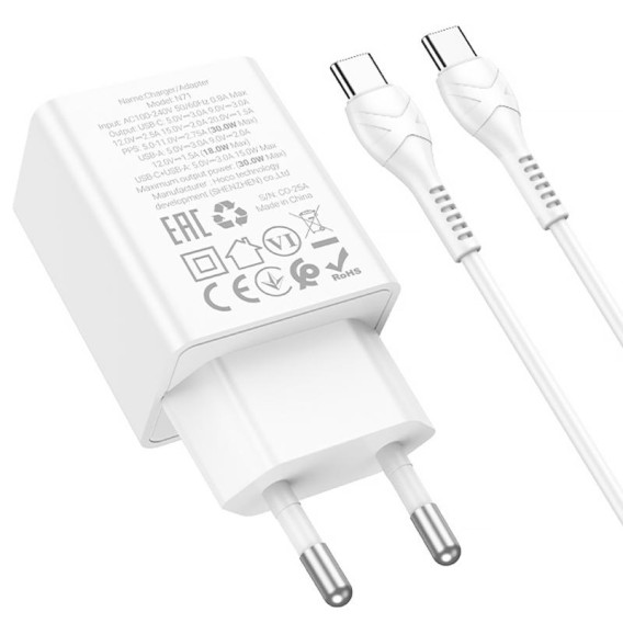 МЗП Hoco N71 Nuevo PD30W+QC3.0 (1USB-A/1C) + кабель Type-C to Type-C White МЗП Hoco N71 Nuevo PD30W+QC3.0 (1USB-A/1C) + кабель Type-C to Type-C White