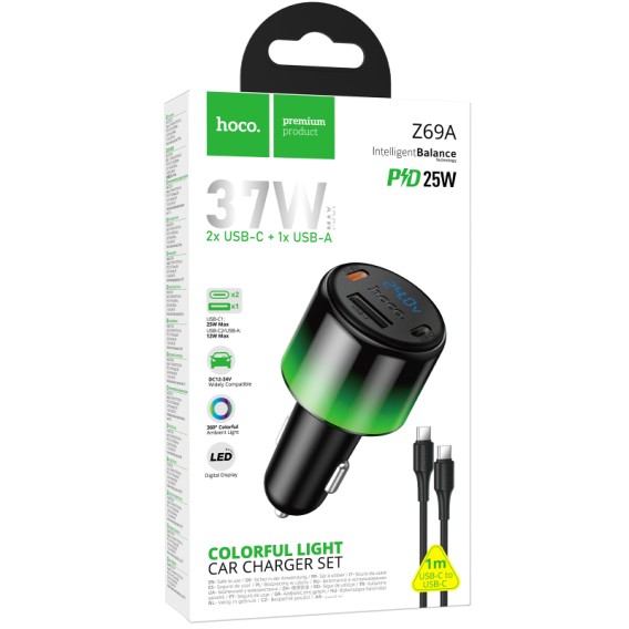 АЗП Hoco Z69A Vivido PD37W+QC3.0 (1USB-A/2C) + кабель Type-C to Type-C Black АЗП Hoco Z69A Vivido PD37W+QC3.0 (1USB-A/2C) + кабель Type-C to Type-C Black