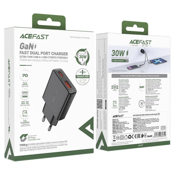 МЗП Acefast A69 PD30W GaN (USB-C+USB-A) Black