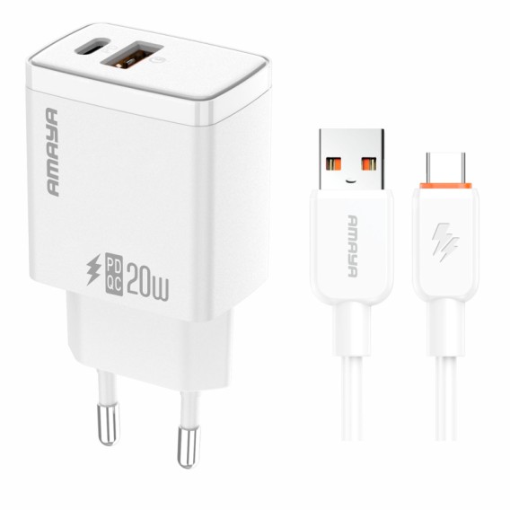 МЗП Amaya E67D PD20W+QC3.0 (1USB-A/1C) + кабель USB to Type-C White