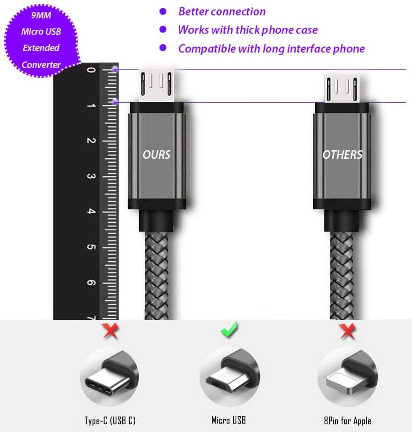 Micro USB кабель з довгим роз'ємом 9 мм